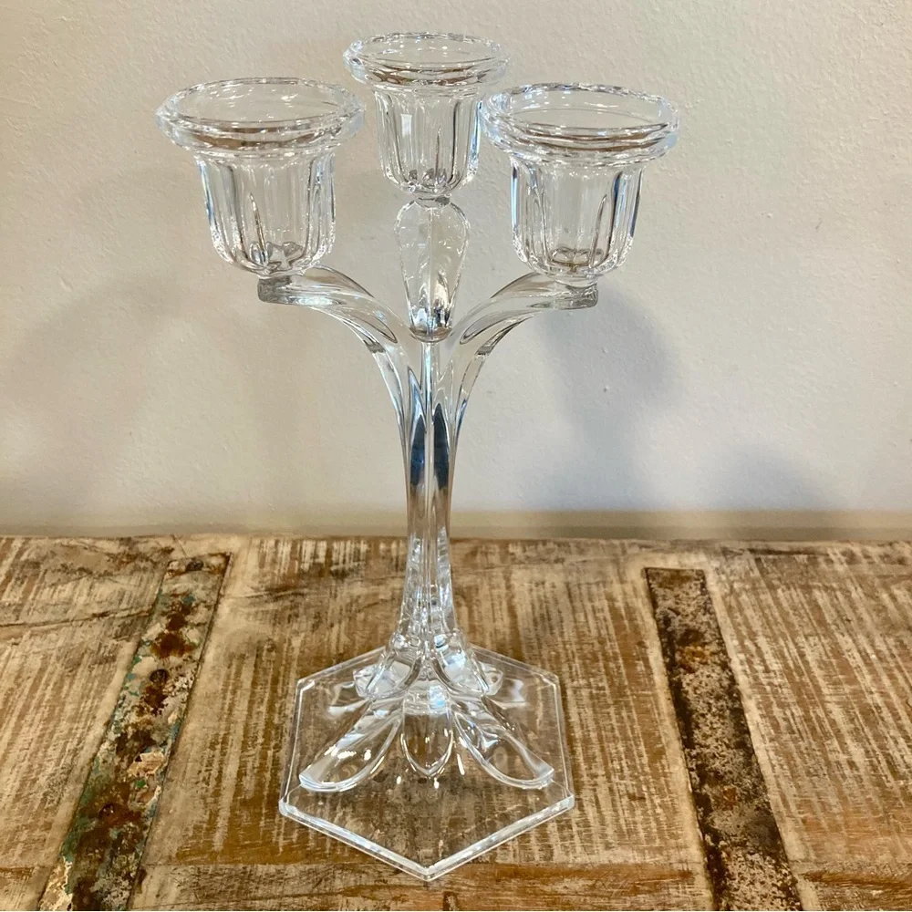 Crystal Candle Holder Candelabra 3-Light Candlestick Holder 10 3/4” Tall Clear
